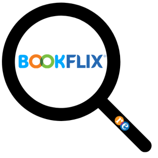 Magnifying glass with RE on handle and BookFlix logo text