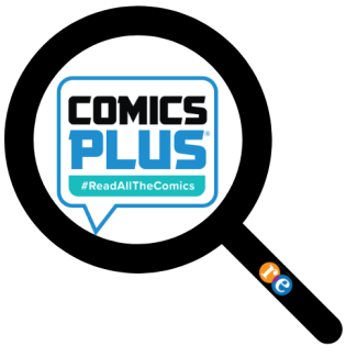 Magnifying glass with RE on handle and Comics Plus logo in center
