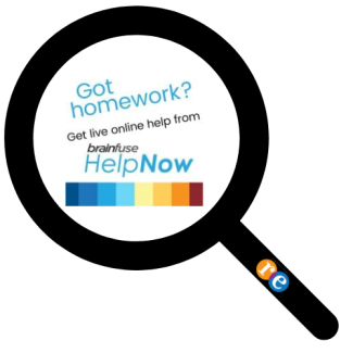 magnifying glass with RE on handle and Brainsfuse Help Now logo