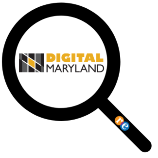 Magnifying glass with RE on handle Digital Maryland logo