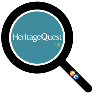 Magnifying glass with RE on handle and HeritageQuest text in white with coral blue background and Ancestry logo green leaf