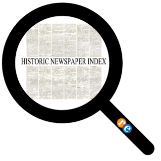 magnifying glass with RE on handle and newspaper in background with Historic Newspaper Index text