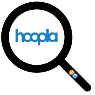magnifying glass with RE on handle and hoopla logo inside