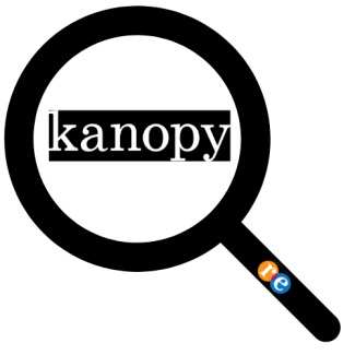 Magnifying glass with RE on handle and Kanopy logo in middle