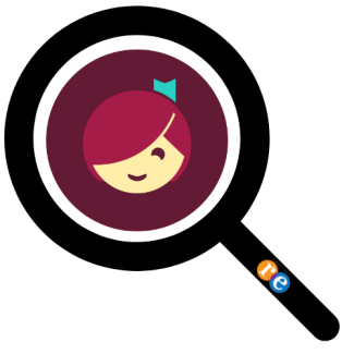 magnifying glass with RE on handle and Libby logo, a girl face with blue ribbon in hair