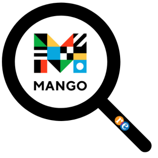magnifying glass with RE on handle and Mango logo with abstract flags in the letter M