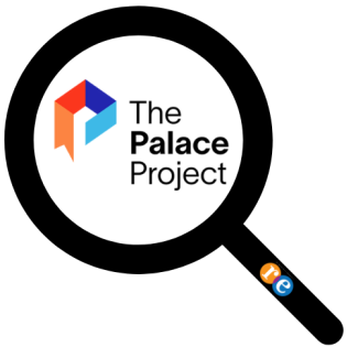 Magnifying glass with RE on handle and The Palace Project logo, a 3D image of ribbon with open square