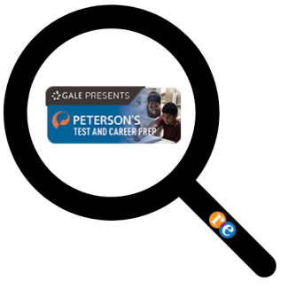 Magnifying glass with RE on handle and Peterson's Test and Career Prep logo