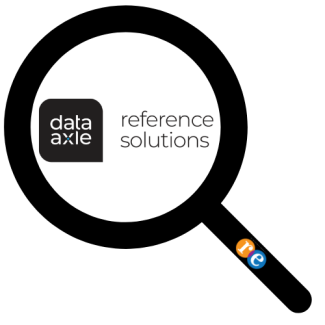 Magnifying glass with RE on handle and data axle reference solutions text/logo