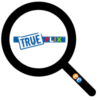magnifying glass with RE on handle and TrueFlix logo