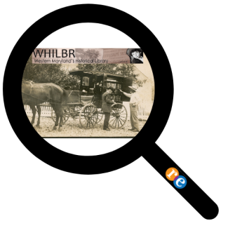 magnifying glass with RE on handle Whilbr logo with horse and man standing by a bookwagon