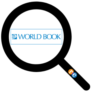 Magnifying glass with RE on handle and World Book logo