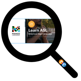Magnifying glass with RE on handle and Mango logo with Learn ASL text