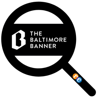 Magnifying glass with RE on handle and The Baltimore Banner logo