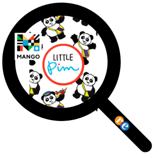 Magnifying glass with RE on handle and Little Pim pando and Mango logo
