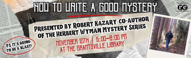REL logo, photo of Robert Kazary, Mystery theme, How to Write a Good Mystery