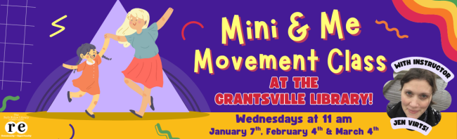 REL logo, headshot of Instructor Jen Virts, multicolored shapes and squiggles, cartoon of dancing mother and child, spotlight, record, rainbow, slide advertising Mini and Me Movement class at Grantsville