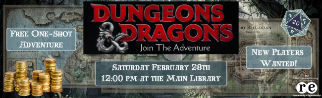 advertisement for dungeons and dragons one-shot adventure happening at the main library in oakland on February 28 at noon; with library logo and decorative images