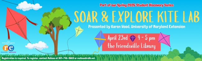 Soar and Explore Kite Lab website slide featuring a blue sky background, graphics of kites, a tree, clouds, and the full-colorThe Ruth Enlow Library of Garrett County Community + Opportunity logo. The website slide also includes relevant date, time, and location information.