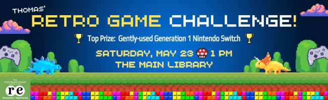 Decorative website cover image featuring digitally stylized game controllers and game scence with The Ruth Enlow Library of Garrett County Community + Opportunity logo. Includes all relevant event information.