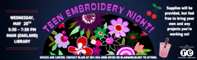 Advertising image featuring photo of embroidered flowers - includes all relevant event details included in this webpage.