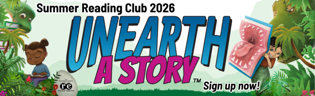 Summer Reading Club 2026 Unearth a Story Sign up now! jungle theme with girl and dinosaur reading