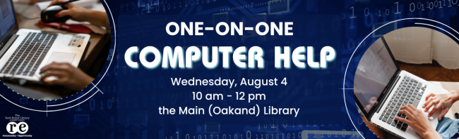 One-on-one computer help banner with photos of hands working on laptops, library logo