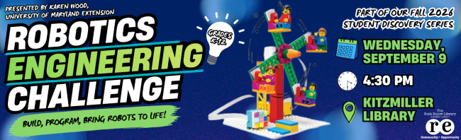 Robotics Engineering Challenge at Kitzmiller Library with photo of LEGO Ferris Wheel attendees will be building