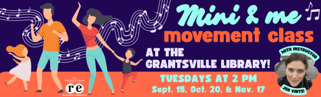 Mini & me movement classes web slide with headshot of Instructor Jen Virts, cartoons of dancing parents and children, and music notes