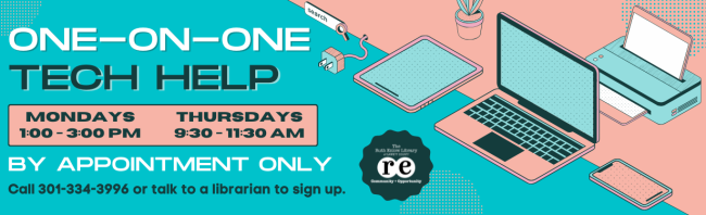 tech help advertising banner featuring decorative tech images and library logo