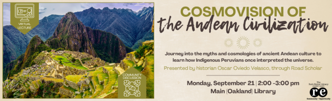 Cosmovision of the Andean Civilization monitor image featuring aerial photo of Machu Picchu, Peru
