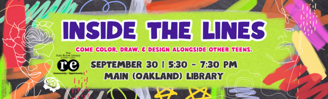 Inside the Lines teen coloring program website slide featuring bright colors and line drawings