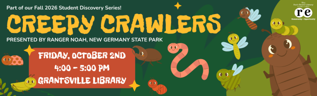 Creepy Crawlers student discovery series program website image featuring happy and cute bugs of all sorts.