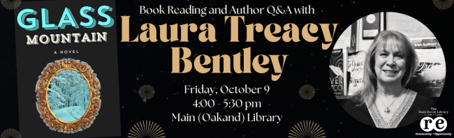 Laura Treacy Bentley author visit monitor image featuring author photo and Glass Mountain book cover, with library logo