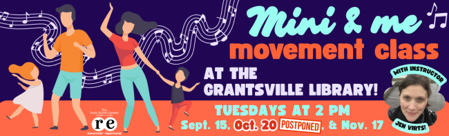Mini & me movement classes web slide with headshot of Instructor Jen Virts, cartoons of dancing parents and children, and music notes